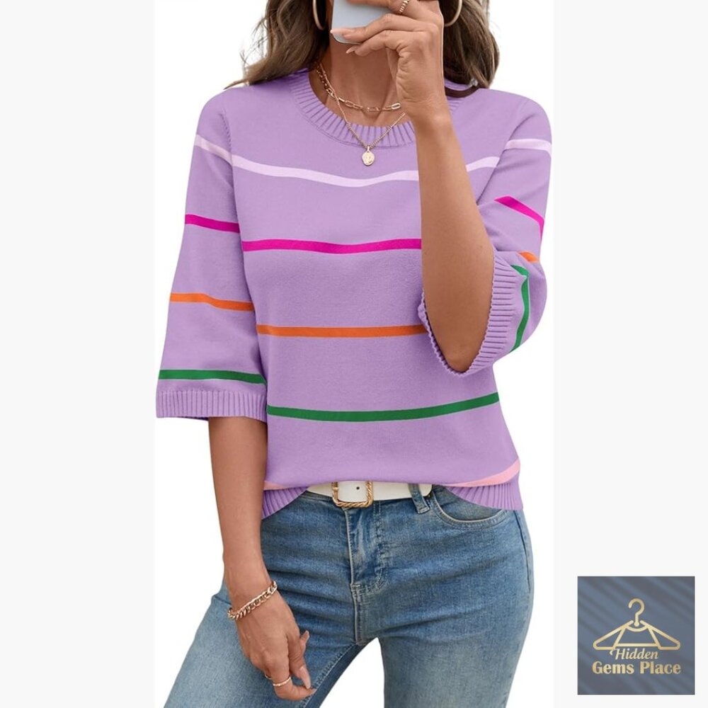 Lightweight Knit Pullover Sweater 3/4 Sleeve Crew Neck Striped S-XL